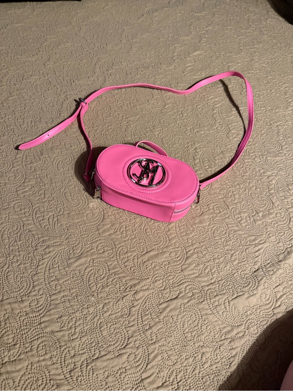 Steve Madden Hot Pink Oval Crossbody Purse with Silver Logo - Like New